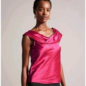 Ted Baker London Womens Hot Pink Asymmetrical Cowl Neck Satin Top Size 6 (US 14)